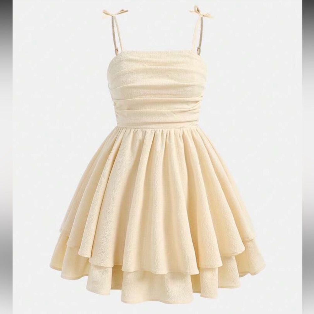 SHEIN Cream Tiered Fit-and-Flare Tie-Strap Dress